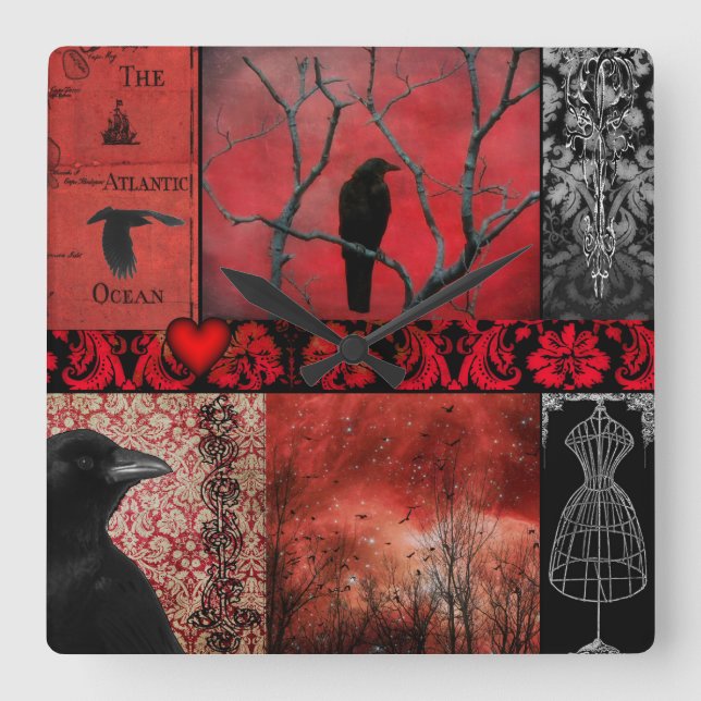 Relógio Quadrado Quadrados góticos vermelhos (Frente)