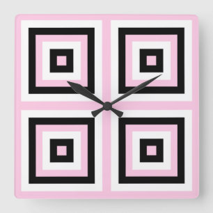 Relógio Quadrado Quadrados Pretos, Brancos e Rosa
