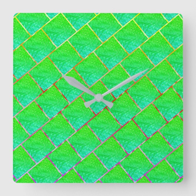 Relógio Quadrado Quadrados verde azulado, linhas três núcleos. (Frente)