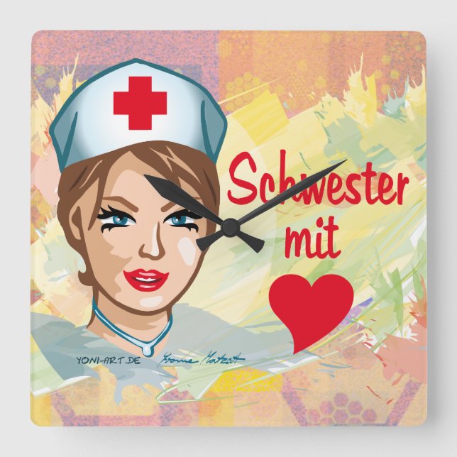 Relógio Quadrado Quadrato de Wanduhr - Schwester Herz (Frente)