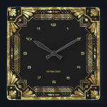 Relógio Quadrado Quadro de Deco de Arte Dourada<br><div class="desc">Dourados tons Art Deco frame,  estilo geométrico sobre fundo preto. Monograma personalizável.</div>