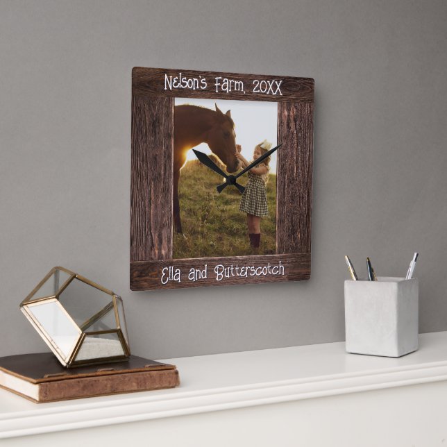 Relógio Quadrado Quadro de Foto Falsa de Madeira Marrom Rústico Edi (Escritório)