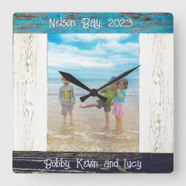 Relógio Quadrado Quadro de Madeira de Praia Branco Azul Rústico