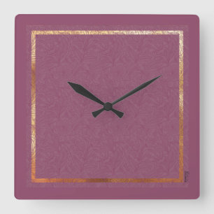 Relógio Quadrado Quadro Floral de Abstrato Burgundy Dourado Chic