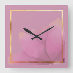 Relógio Quadrado Quadro Floral de Abstrato da Fuchsia Dourada Chic
