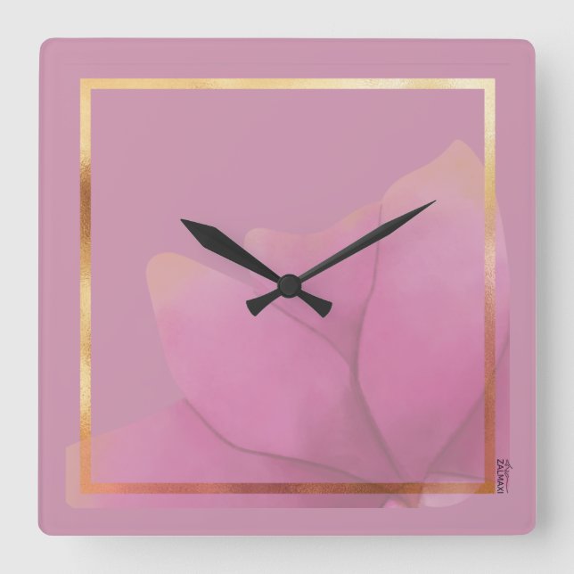 Relógio Quadrado Quadro Floral de Abstrato da Fuchsia Dourada Chic (Frente)