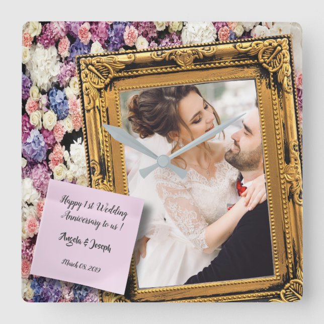 Relógio Quadrado Quadro Floral de Madeira Antiga de 1º Aniversário  (Frente)