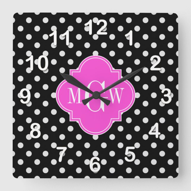 Relógio Quadrado Quatrefoil Rosa Quente, Bolinhas Negra, 3 Monogram (Frente)