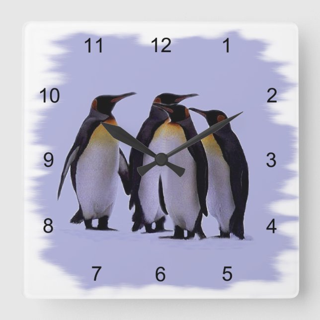Relógio Quadrado Quatro Pinguins Wall Clock (Frente)