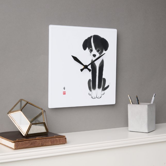 Relógio Quadrado Quiet Paws - Minimalist Ink Puppy  (Escritório)