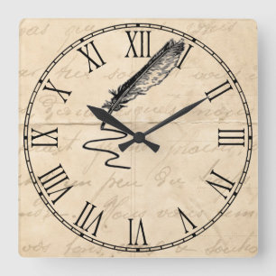 Relógio Quadrado Quill da pena do escritor do vintage