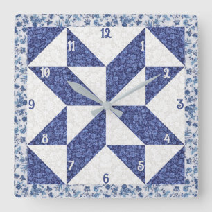 Relógio Quadrado Quilt azul e branco do Calico PinWheel