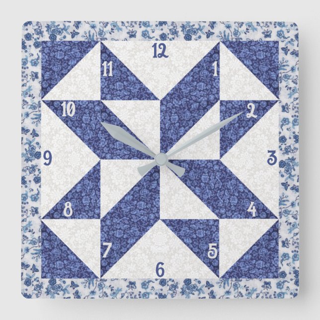 Relógio Quadrado Quilt azul e branco do Calico PinWheel (Frente)