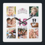 Relógio Quadrado Quinceanera custom photo collage tiara pink<br><div class="desc">A wall clock as a gift for a Quinceañera, 15th birthday for a girl, celebrating her life with a collage of 7 of your photos and a tiara, crown. Personalize and add a name, age 15 and a date. Date of birth or the date of the anniversary. Black and hot...</div>