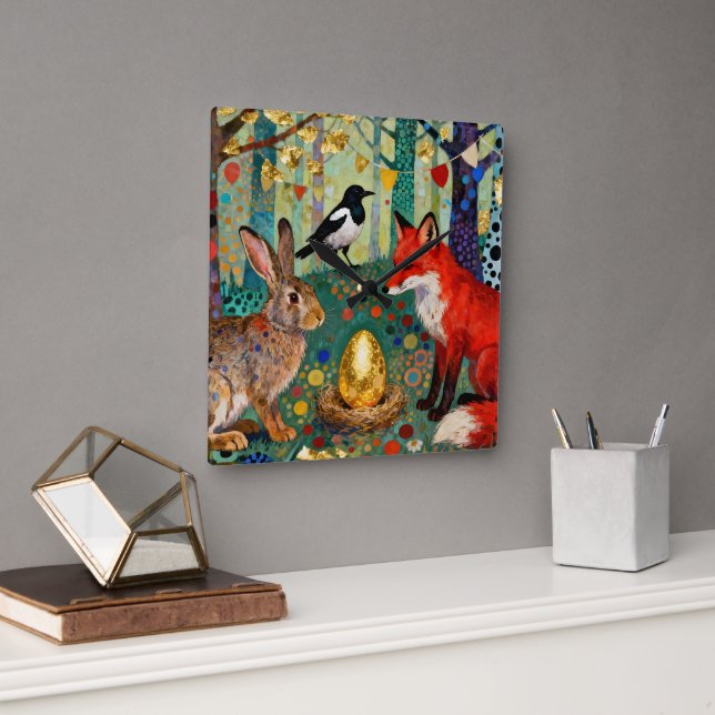 Relógio Quadrado Rabbit, Magpie, Fox and “The Golden Goose Egg” (Escritório)