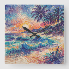 Relógio Quadrado Rabiscos de Praia - Paisagem em Estilo de Arte Lin