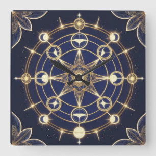 Relógio Quadrado Radiância Divina – Mandala Dourada do Despertar