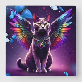 Relógio Quadrado Rainbow Angel Cat