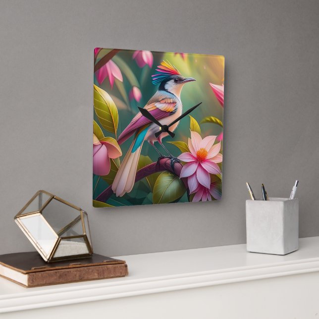 Relógio Quadrado Rainbow crested Jay Fantasy Bird (Escritório)