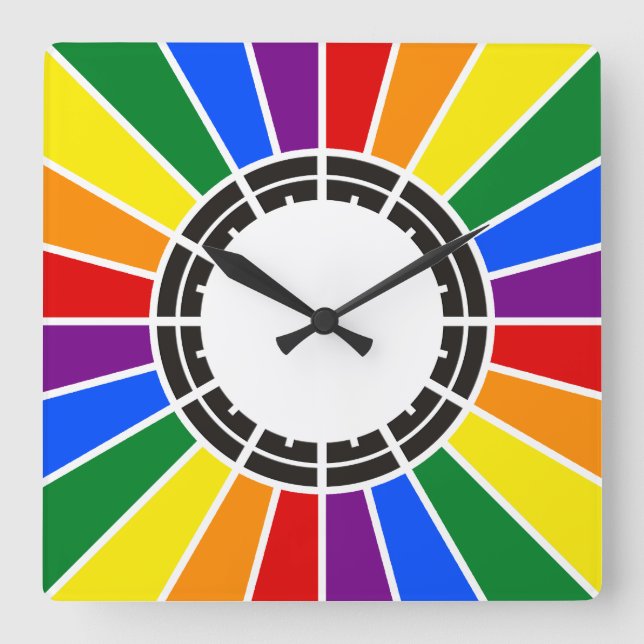 Relógio Quadrado RAINBOW FLAG BUTTON RAYS + your sign or text (Frente)