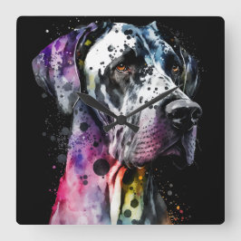 Relógio Quadrado Rainbow Great Dane Watercolor