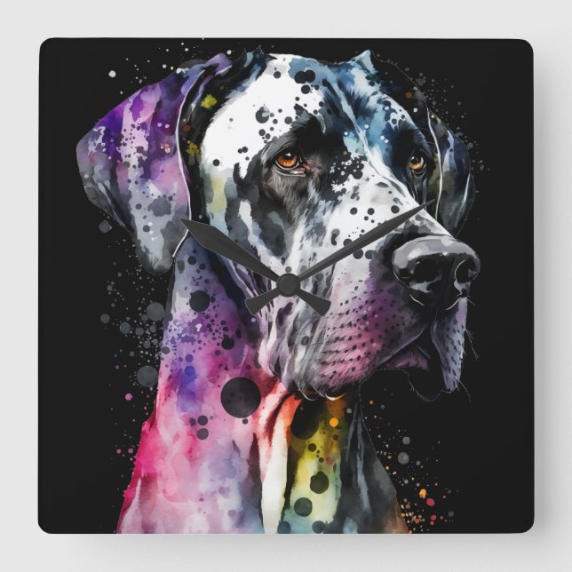 Relógio Quadrado Rainbow Great Dane Watercolor (Frente)