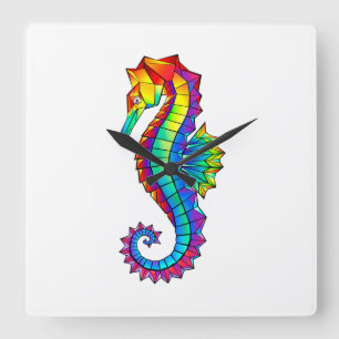 Relógio Quadrado Rainbow Polygonal Seahorse