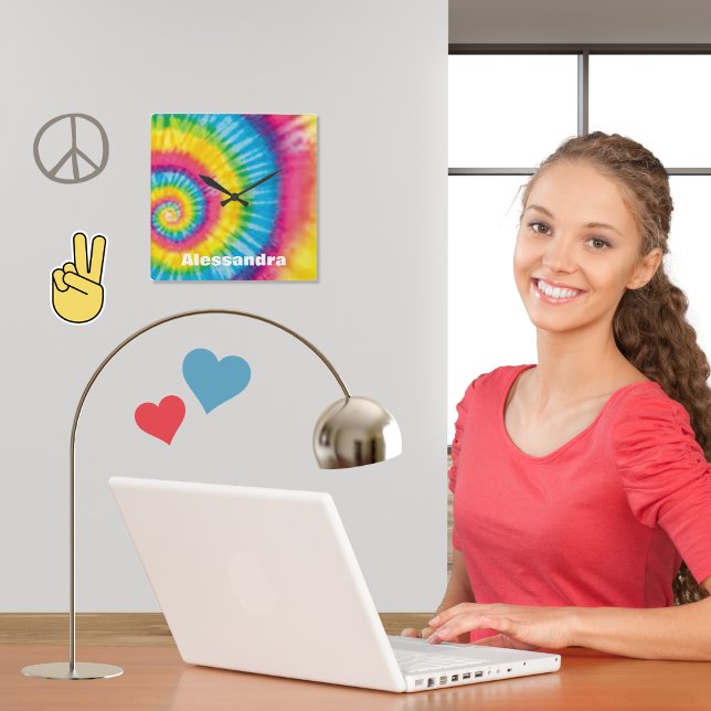 Relógio Quadrado Rainbow Tie-Dye 60s Hippie Vibe Personalizado (Criador carregado)