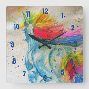 Relógio Quadrado Rainbow Unicorn Watercolor Girls Nursery Clock