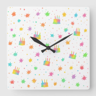 Relógio Quadrado Rainbow Watercolor Birthday Cake Colorful Paint