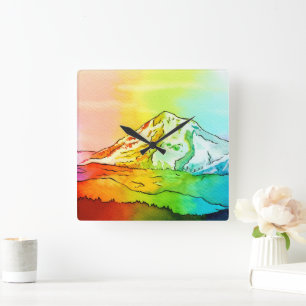 Relógio Quadrado Rainbow Watercolor Monte Hood