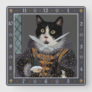 Relógio Quadrado Rainha Cat Tuxedo Gatinho Engraçado Retrato Renasc