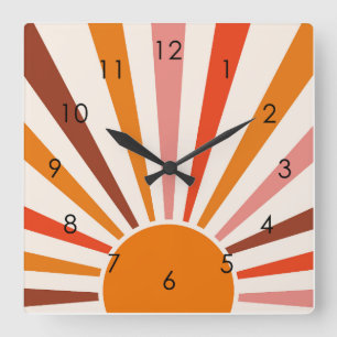 Relógio Quadrado Raios do Sol Retrospectivo Laranja Vermelho Amarel