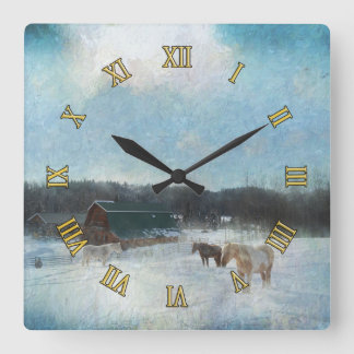 Relógio Quadrado Ranhura de Cavalos, Pincéis e Neve