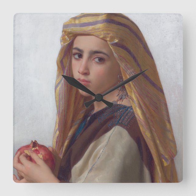 Relógio Quadrado Rapariga com romã por W.A. Bouguereau (Frente)