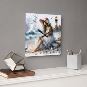 Relógio Quadrado Rapariga Romântica de Aquarela por Farol