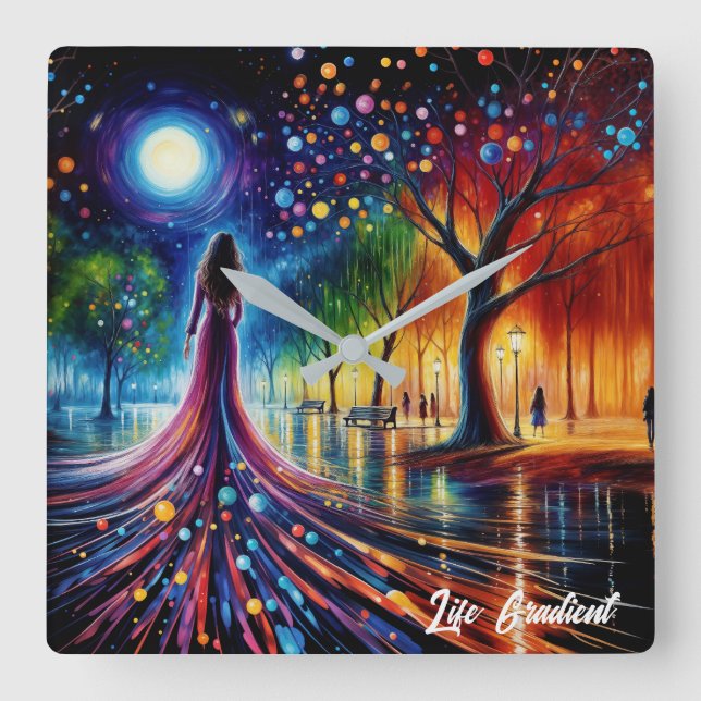 Relógio Quadrado Rapariga surreal fantasia parque lunar arco-íris (Frente)