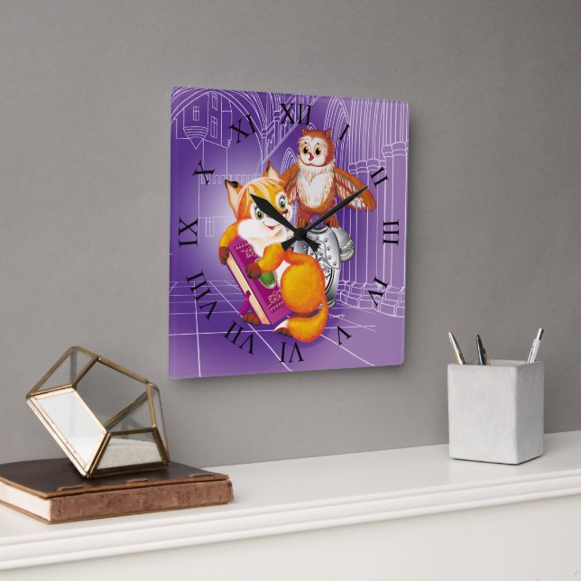 Relógio Quadrado raposa e coruja (Escritório)