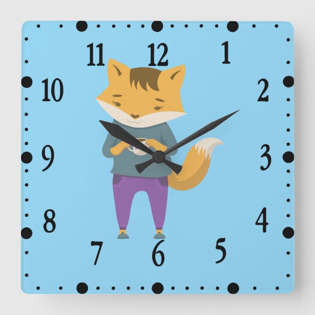Relógio Quadrado Raposa fofa com xícara de chá (Frente)