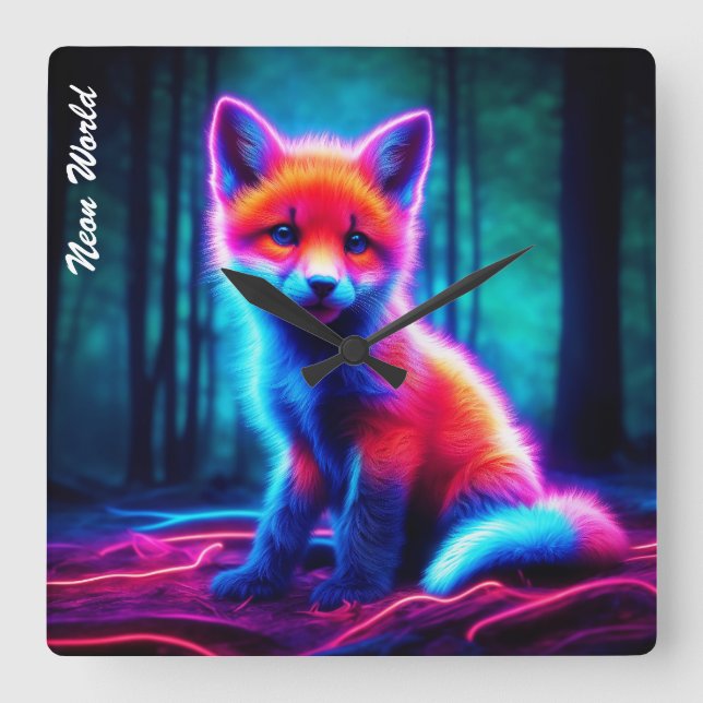 Relógio Quadrado Raposa mística de neon em florestas encantadas bri (Frente)