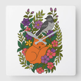 Relógio Quadrado Raposa, pombo e flores