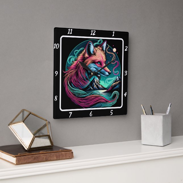 Relógio Quadrado Raposa Silenciosa Acima dos Picos (Escritório)