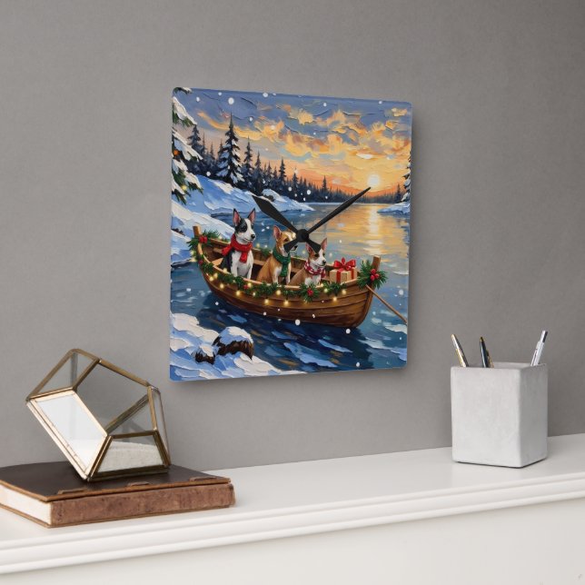 Relógio Quadrado Rat Terrier Christmas Boat Holiday (Escritório)