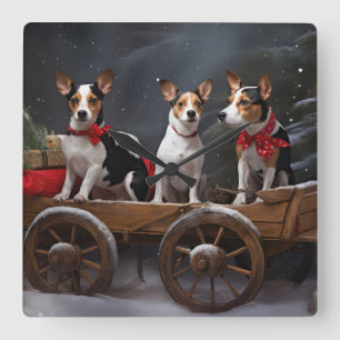 Relógio Quadrado Rat Terrier Snowy Sleigh Decência de Natal