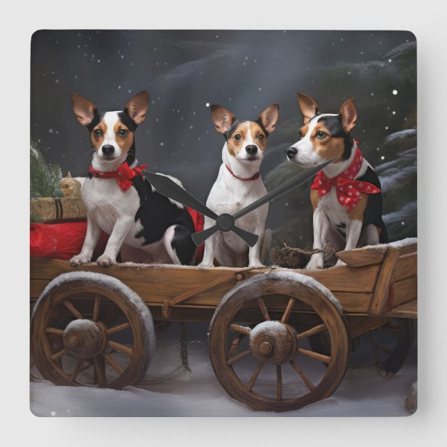 Relógio Quadrado Rat Terrier Snowy Sleigh Decência de Natal (Frente)