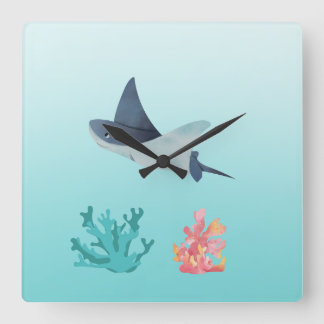 Relógio Quadrado Ray Fish Underwater ilustration Wall Clock