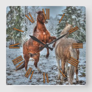 Relógio Quadrado Rearing Dun & Palomino Winter Horses Equine Phoebe