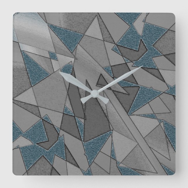 Relógio Quadrado recortes triangulares de cinza com peças azuis esc (Frente)