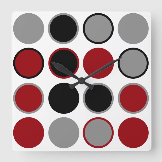 Relógio Quadrado Red, Black and Gray Circles    (Frente)