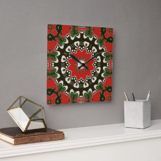 Relógio Quadrado Red Black Green & White Groovy Mandala
